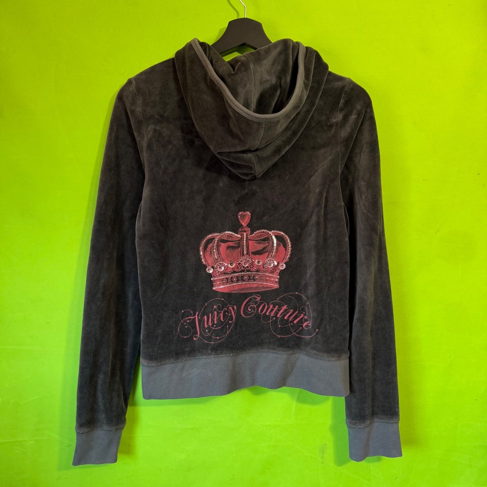 Juicy Couture Velour Hoodie Dark Gray Pink Sequin Crown Graphic Y2K Medium